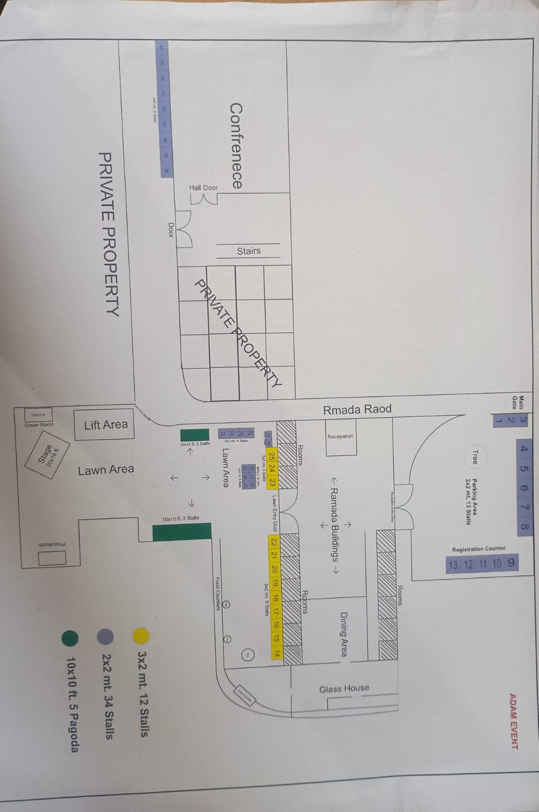 Property layout map of the current event venue including conference hall, lawns, registration counters, parking, and stall zones.